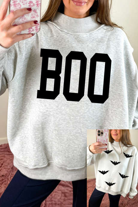Áo nỉ cổ cao hai mặt in hình dơi/BOO màu xám nhạt chủ đề Halloween LC25322994-P1011