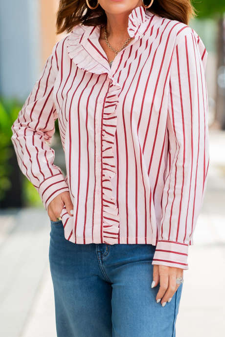 Camisa de manga larga con cuello en V y volantes de rayas rojas, talla pequeña
