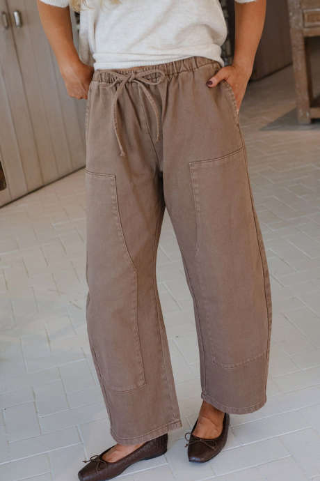Dark Khaki Casual Curved Leg Drawstring Patch Pocket Jeans