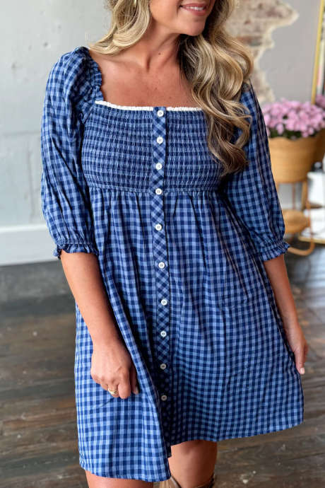 Blue Plaid Lace Square Neck Half Sleeve Buttoned Shift Mini Dress