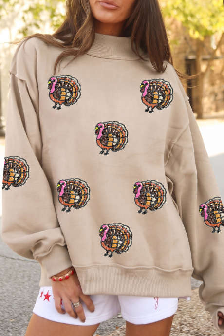 Sudadera holgada con cuello alto y lentejuelas color albaricoque estilo Turquía LC25323002-P18
