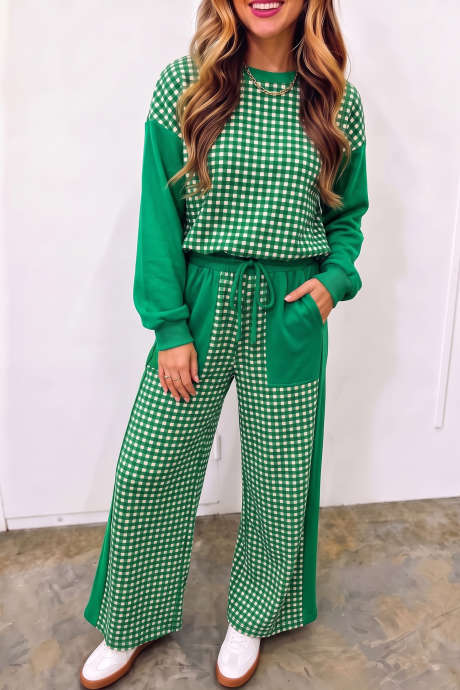 Conjunto de jersey de manga larga y pantalón ancho con estampado de retazos a cuadros y bloques de color verde