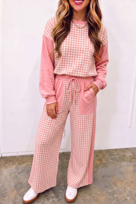 Conjunto de jersey de manga larga y pantalón ancho con estampado de retazos a cuadros y bloques de color rosa