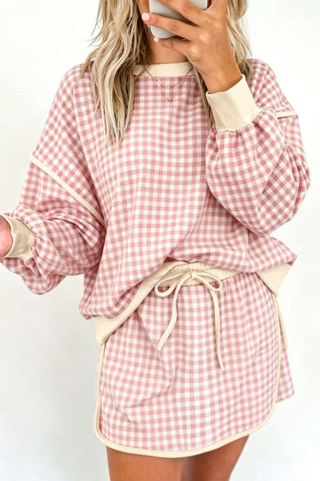Conjunto de top de manga larga con cuello redondo y falda pantalón de cuello redondo con ribete acanalado y estampado de cuadros vichy rosa extragrande