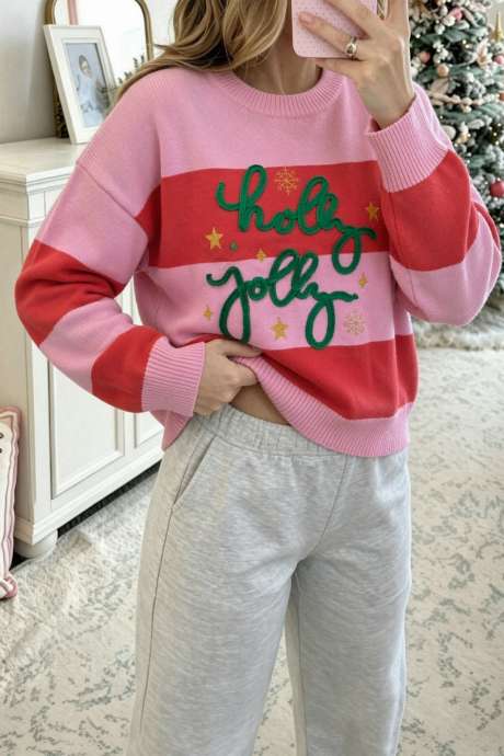 Pull de Noël à rayures roses et sequins