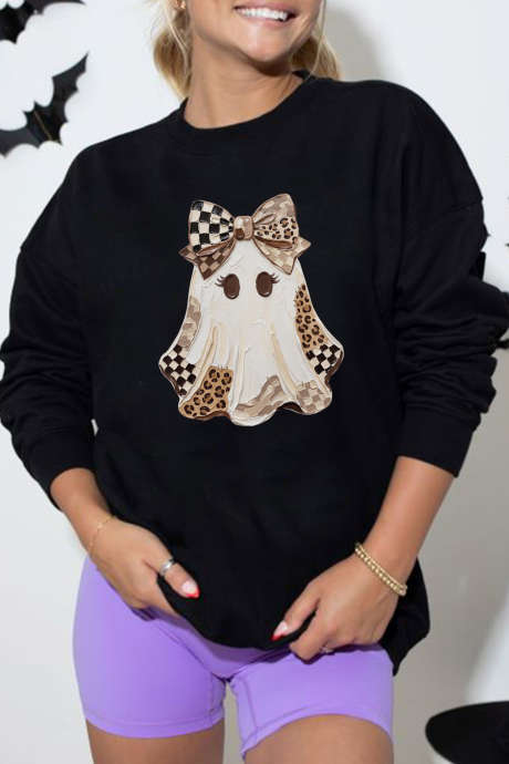 Sudadera negra con estampado de leopardo a cuadros y hombros caídos LC25322792-2