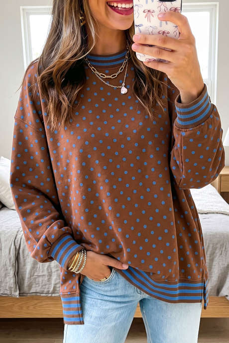 Sweat-shirt tunique décontracté à rayures marron, à pois et ourlet fendu