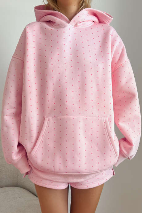 Sudadera con capucha extragrande y pantalones cortos informales con estampado de lunares rosas (conjunto de 2 piezas) LC6210095-P1020