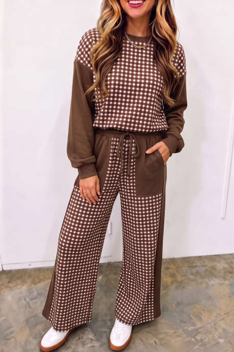 Conjunto de jersey de manga larga y pantalón ancho con estampado de retazos a cuadros y bloques de color marrón