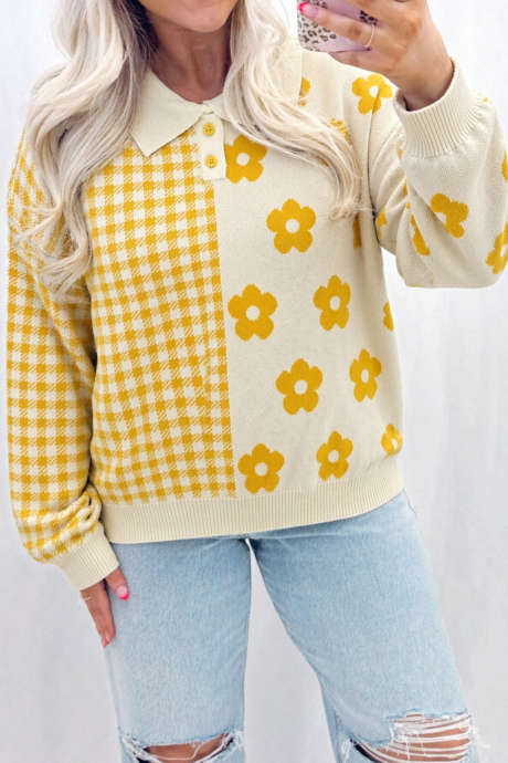 Yellow Floral Plaid Contrast Pattern Button Collar Sweater