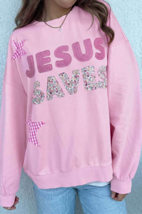 Rosa Patchwork-Sweatshirt mit Sternen, einzigartigem Blumenmuster und Buchstaben, locker geschnitten