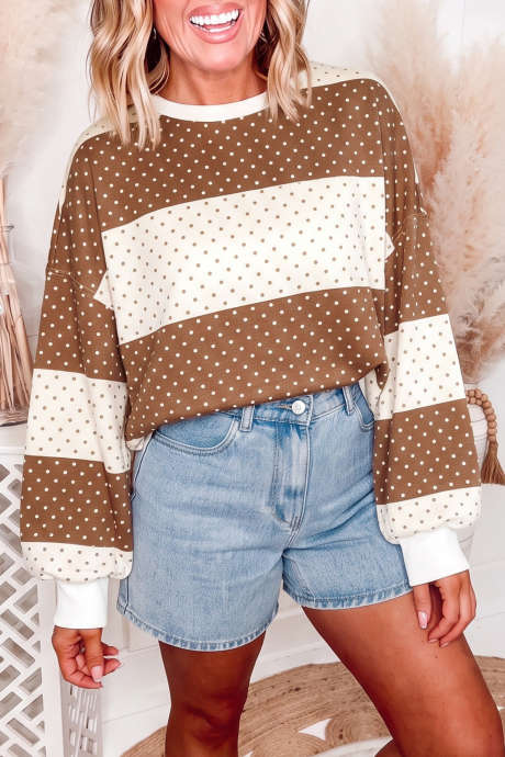 Haut à manches longues à pois marron patchwork colorblock