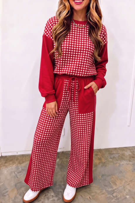 Conjunto de jersey de manga larga y pantalón ancho con estampado de retazos a cuadros y bloques de color rojo