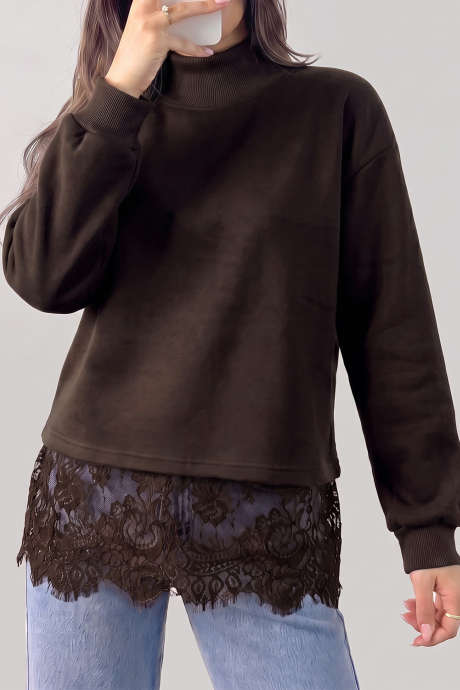 Sudadera tipo jersey de cuello alto con dobladillo de encaje, color café liso LC25321867-P1017