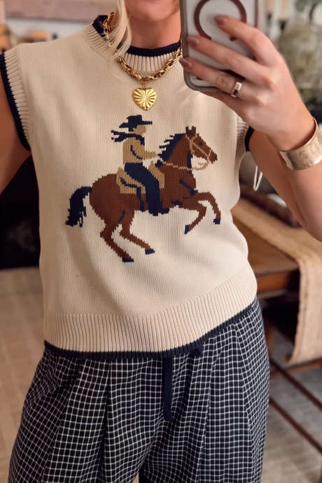 Khaki Rodeo Cowboy Print Ribbed Contrast Trim Sweater Vest