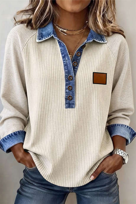 Haut à manches longues en denim côtelé gris clair avec détails colorblock et col boutonné