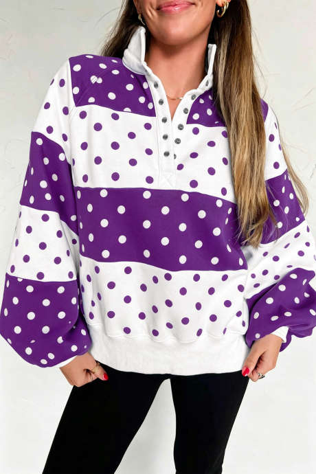 Sweat-shirt à manches bouffantes demi-zip à pois violets et colorblock