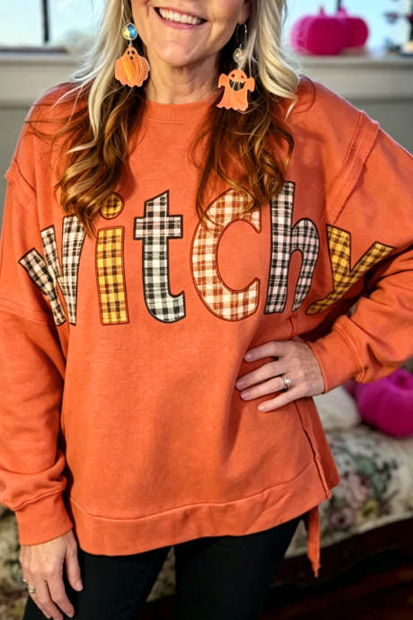 Flamingo Halloween Hexen-Karo-Slogan-Stickerei-Tunika-Sweatshirt