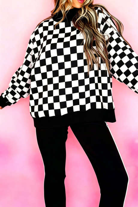 Sudadera holgada de cuello alto con estampado de cuadros negros
