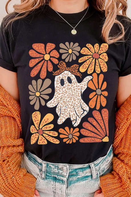 Camisetas negras de cuello redondo con estampado floral de leopardo para Halloween LC25232660-2