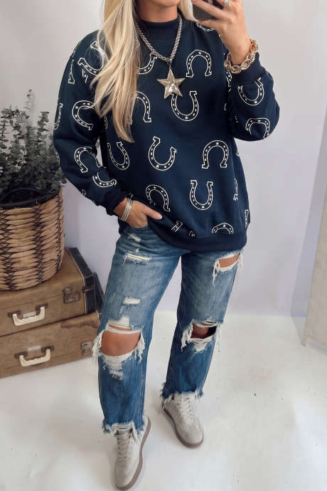 Sudadera informal de cuello alto con estampado de herradura estilo western azul LC25322233-P520