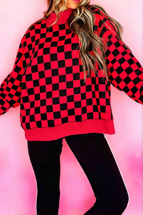 Sudadera holgada de cuello alto con estampado de cuadros rojos