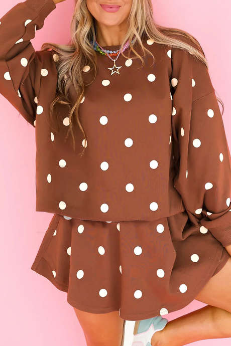 Conjunto de dos piezas: jersey holgado con falda pantalón y bajo sin rematar, estampado de lunares marrones (LC631665-P1720)