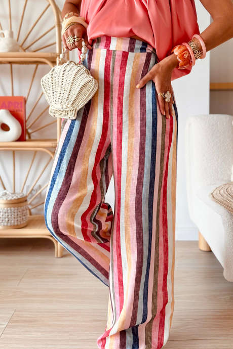 Pantalones casuales de cintura alta y pierna ancha con rayas multicolores.