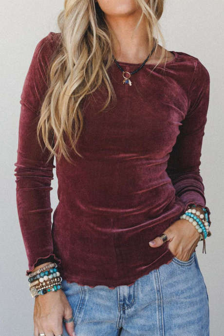 Top de manga larga con cuello redondo y ribete de lechuga de terciopelo rojo dahlia