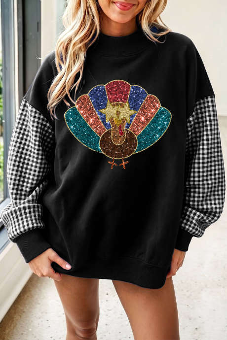 Sudadera holgada negra con estampado de pavo a cuadros y lentejuelas para el Día de Acción de Gracias LC25323053-P2