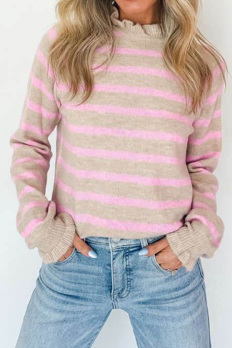 Suéter de cuello con volantes y puños acampanados a rayas color caqui