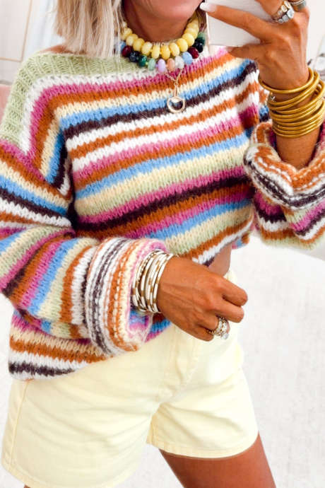 Jersey de cuello redondo de punto suave a rayas multicolor