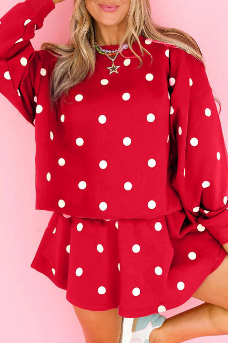 Conjunto de dos piezas: jersey holgado con bajo sin rematar y falda pantalón, estampado de lunares rojos (LC631665-P10320)