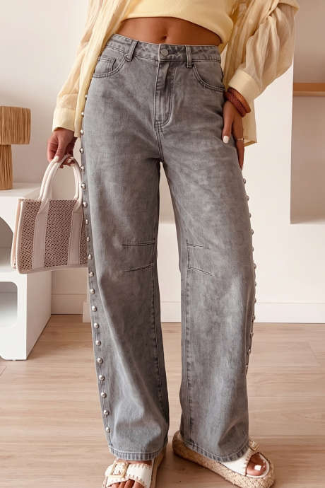 Jeans anchos con cuentas y cintura natural, estilo vintage gris.