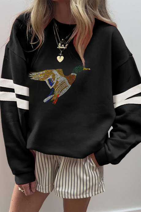 Sudadera informal con mangas a rayas de contraste y pedrería negra (LC25323114-P2)