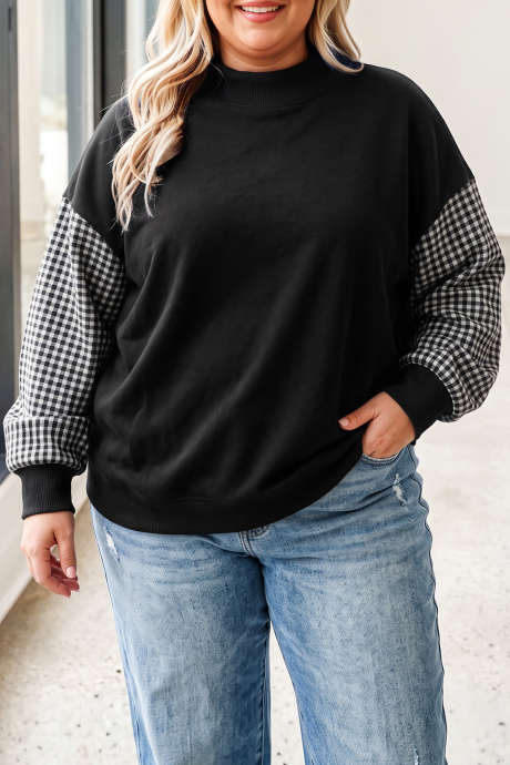 Sudadera de manga larga holgada de talla grande con estampado de retazos a cuadros negros.