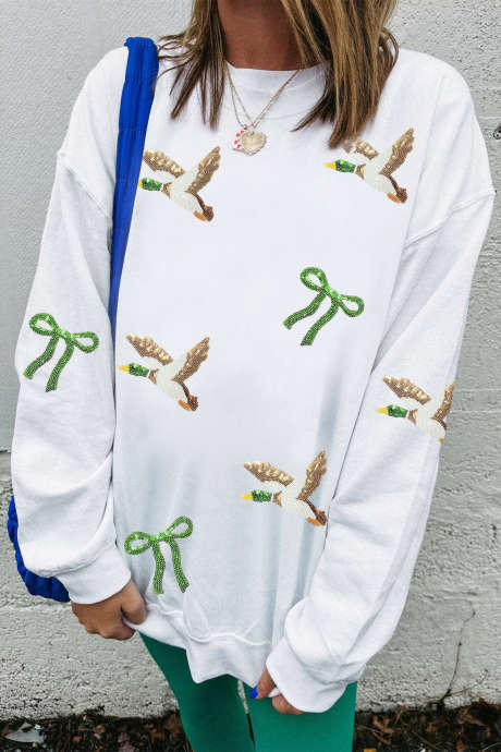 Sudadera blanca con cuello redondo y lazo de pato silvestre con lentejuelas LC25323111-15