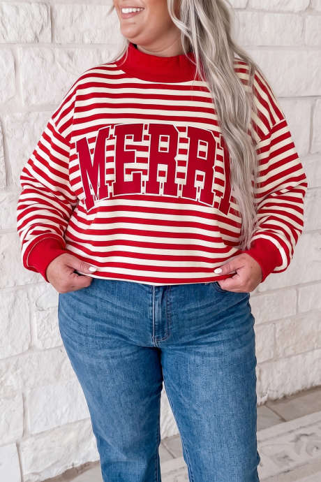 Sudadera tipo jersey con estampado gráfico y parche bordado de la letra MERRY, talla grande y rayas rojas.