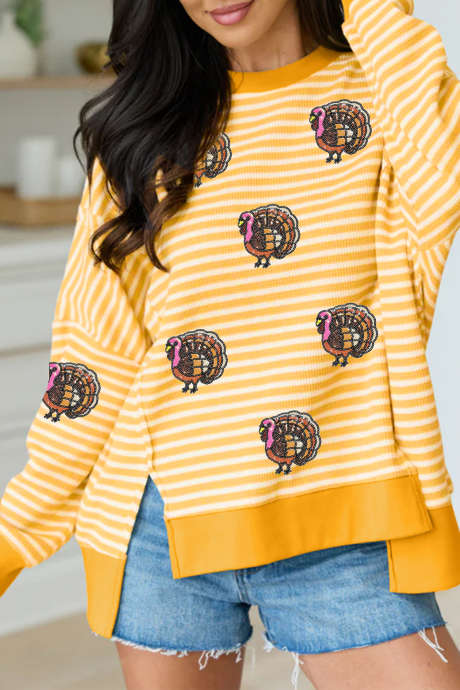 Top informal tipo jersey con bajo asimétrico y lentejuelas de rayas color caqui, con aberturas laterales, LC25139680-P1619