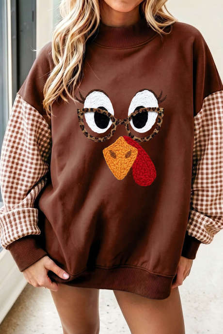 Sudadera de manga larga con estampado de pavo a cuadros y café para Acción de Gracias LC25323128-P1017
