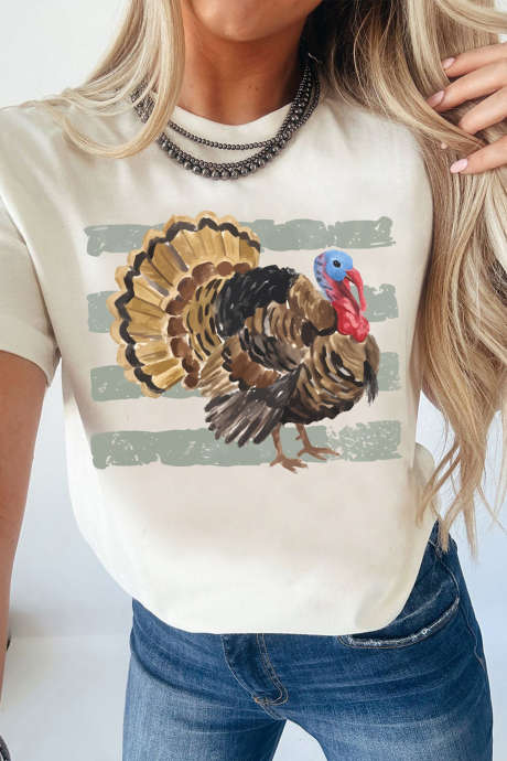 Camiseta blanca de manga corta con estampado de pavo de Acción de Gracias LC25232672-1