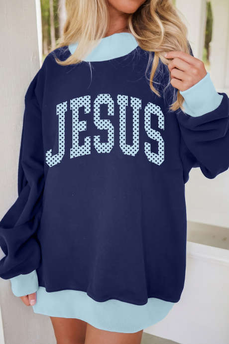 Sudadera de cuello alto con ribete acanalado y estampado de lunares azul sucio con el lema Faith (LC25323126-P1005)