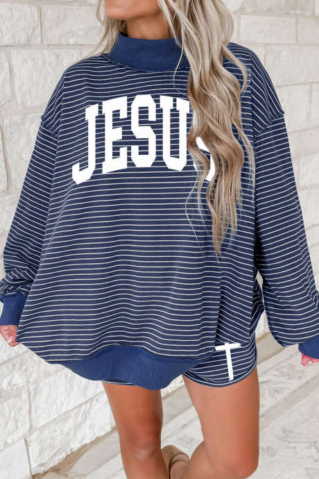 Conjunto de jersey y pantalones cortos extragrandes con cuello alto y detalles acanalados de rayas azules JESUS ​​LC6210569-P519