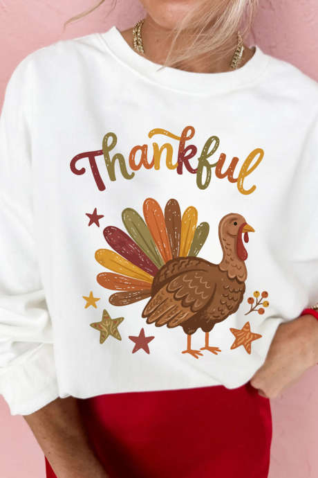 Sudadera blanca con cuello redondo y estampado de pavo agradecido LC25323130-15