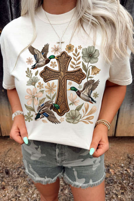 Camiseta informal con estampado floral y cruz de pato blanco LC25232675-1