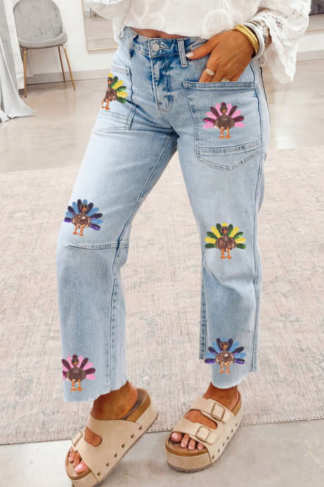 Pantalones vaqueros tobilleros con bajo sin rematar y estampado de pavo con lentejuelas azules Beau LC7878086-P804