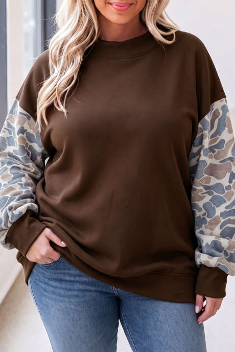 Sudadera de talla grande con cuello alto, estampado de camuflaje y hombros caídos PL25322083-P1017