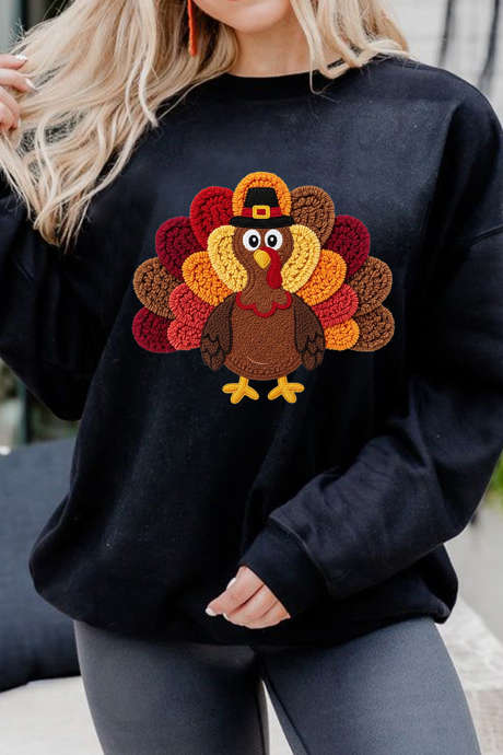 Sudadera negra con estampado de pavo de Acción de Gracias por transferencia térmica LC25323127-2