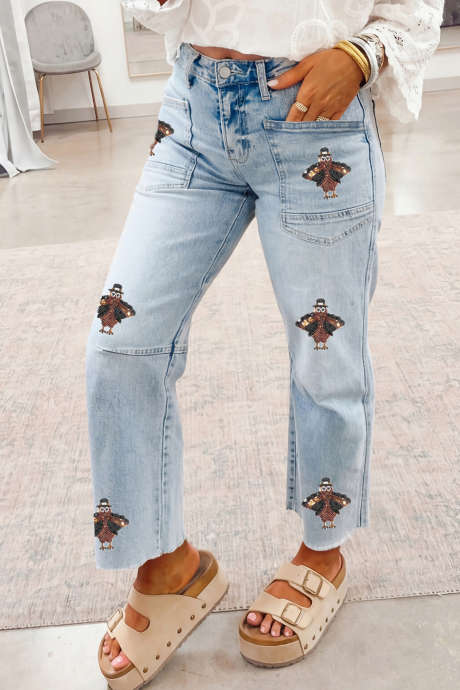 Pantalones vaqueros Beau Blue con lentejuelas, bolsillo de parche de pavo, bajo sin rematar y largo hasta el tobillo LC7878085-P804