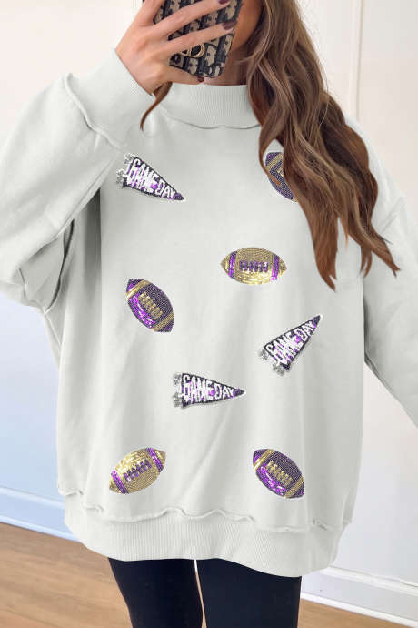 Sudadera blanca con lentejuelas, cuello alto, ideal para el día del partido de fútbol (LC25323112-P1)